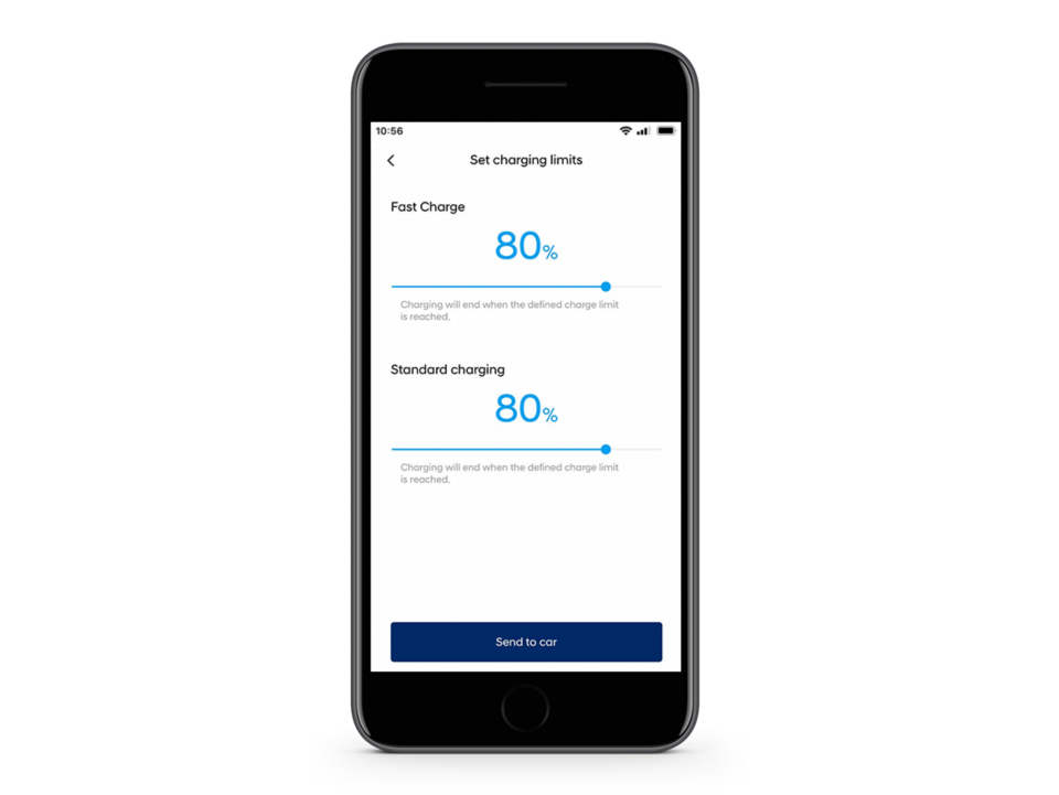 Close-up of the Hyundai Bluelink app with the Charging Limits feature on the screen.